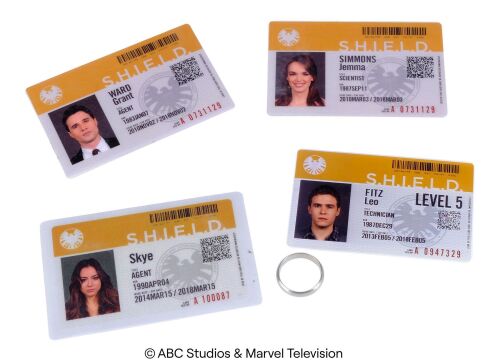 Lot #259: Daisy Johnson, Grant Ward, Jemma Simmons, and Leo Fitz's S.H.I.E.L.D. IDs with Fitz's Wedding Ring ### MARVEL'S AGENTS OF S.H.I.E.L.D. (2013-2020)
