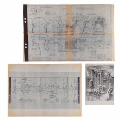 477. Pair of Batwing Blueprints with Printed Nigel Phelps Gotham City Sketch ### BATMAN (1989)