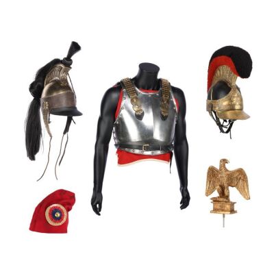 867. Napoleon's (Joaquin Phoenix) Eagle Tent Standard, French and British Cavalry Helmets, French Sapper Armour and French Revolutionary Hat ### NAPOLEON (2023)