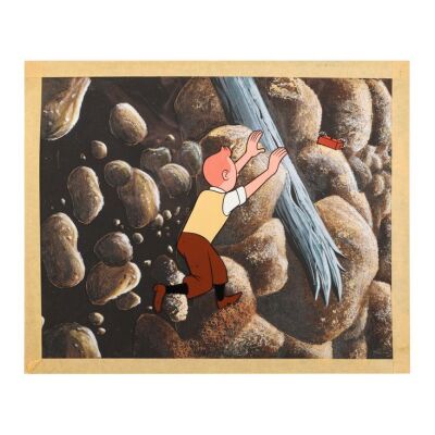 2293. Tintin Reaches To Stop Detonator Original Production Cel Setup on Master Background ### LES ADVENTURES DE TINTIN (T.V. SERIES, 1959-1964)