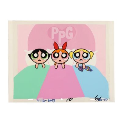 2024. Powerpuff Girls in Bed Original Production Cel and Key Master Production Background From "Ploys R Us" ### THE POWERPUFF GIRLS (T.V. SERIES, 1998-2005)