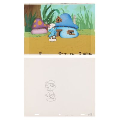 2316. Brainy Smurf Original Production Cel on Hand-Painted Production Background and Matching Original Production Drawing ### THE SMURFS