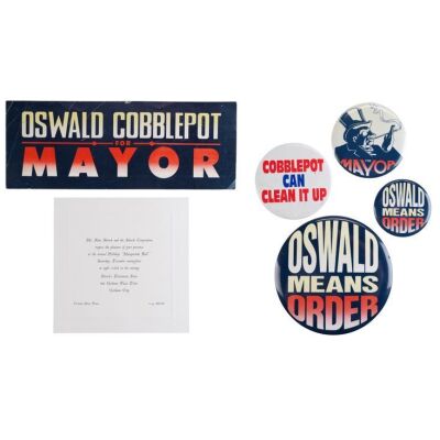 50. Oswald Cobblepot (Danny DeVito) Campaign Buttons, Sticker, and Production-Made "Maxquerade Ball" Invitation ### BATMAN RETURNS (1992)