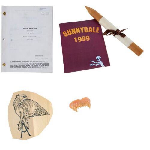 87. Angel's (David Boreanaz) Tattoo Sheet with Todd McIntosh's Bound Script with Stake Invitation, Crew Gift Yearbooks and Other Vampire Teeth ### BUFFY THE VAMPIRE SLAYER (T.V. SERIES, 1997-2003)