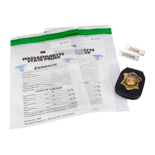 133. Captain Oliver "Charlie" Queenan's (Martin Sheen) Massachusetts State Police Badge and Nameplate with Staff Sergeant Sean Dignam's (Mark Wahlberg) Nameplate and Pair of Evidence Bags ### THE DEPARTED (2006)