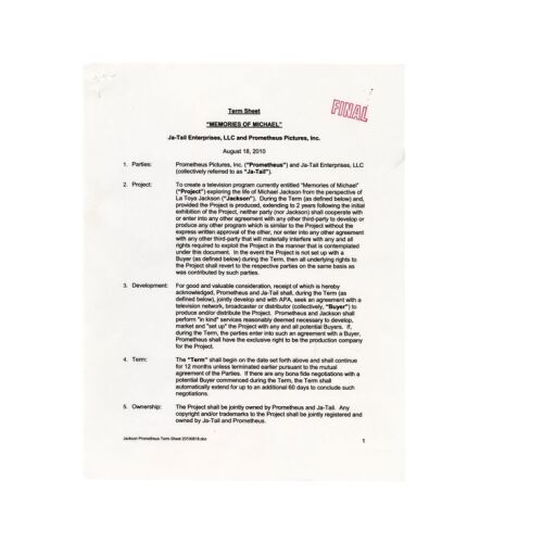 314. La Toya Jackson's Signed Term Sheet ### MEMORIES OF MICHAEL (T.V. SERIES, UNPRODUCED)