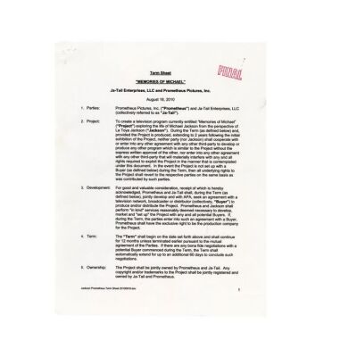 314. La Toya Jackson's Signed Term Sheet ### MEMORIES OF MICHAEL (T.V. SERIES, UNPRODUCED)