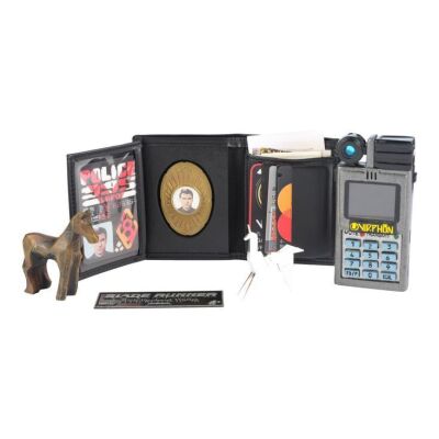 623. Rick Deckard's Wallet, Vid-Phon, and Origami Unicorn Replicas with Officer K's Wooden Horse Figurine Replica ### BLADE RUNNER (1982)