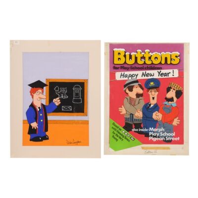 279. The Peter Longden Collection: Original Hand-painted Covers for Postman Pat Weekly 85 and Buttons 66 ### POSTMAN PAT