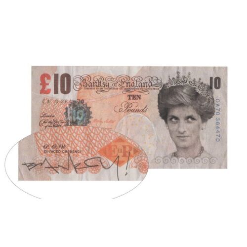 13. Rare Banksy-autographed Di-Faced Tenner, 2004, with Copy of Banksy Email, Three Stickers, One Book and docuBANKSY Items ### BANKSY