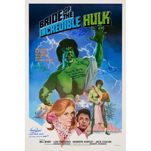 345. International One Sheet (27" x 41") Signed by Lou Ferrigno, Mariette Hartley, Craig Huxley, Brian Cutler, Kenneth Johnson (Writer/Producer/Director) (Beckett COA); International Style; Very Fine ### BRIDE OF THE INCREDIBLE HULK (1980)