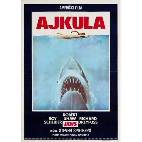 584. Serbian Poster (19.25" x 28"); The Collection of the Late J. Stephen Ryan; Very Fine+ on Linen ### JAWS (1975)