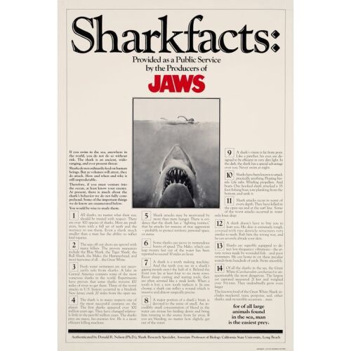 133. One Sheet (27.25" x 41"); The Collection of the Late J. Stephen Ryan; Sharkfacts Style; Very Fine on Linen ### JAWS (1975)