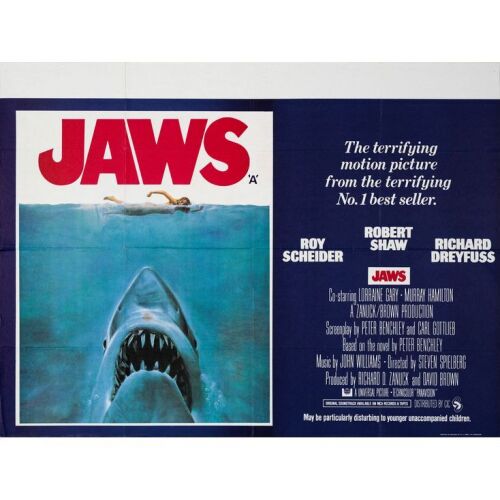 134. British Quad (40" x 30"); The Collection of the Late J. Stephen Ryan; Very Fine+ Folded ### JAWS (1975)