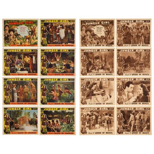 597. Lobby Card Sets of Eight (2) (11" x 14"); The Bradleigh Vinson Collection; Chapter 1 - "Death by Voodoo", Chapter 2 - "Queen of Beasts"; Fine+ ### JUNGLE GIRL (1941)