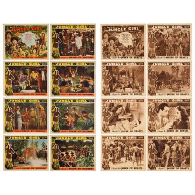 597. Lobby Card Sets of Eight (2) (11" x 14"); The Bradleigh Vinson Collection; Chapter 1 - "Death by Voodoo", Chapter 2 - "Queen of Beasts"; Fine+ ### JUNGLE GIRL (1941)