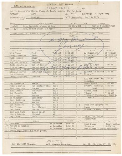 224. Hand-Inscribed "Complete Armada at Sea" Shoot Call Sheet ### JAWS (1975)