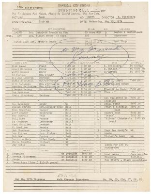 224. Hand-Inscribed "Complete Armada at Sea" Shoot Call Sheet ### JAWS (1975)