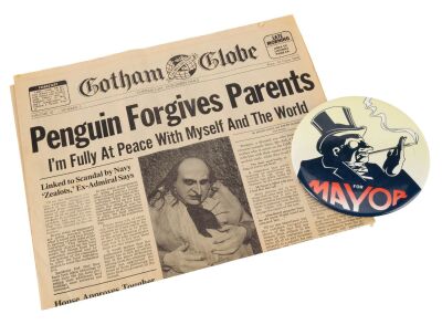 510. Oswald Cobblepot (Danny DeVito) Campaign Button with "Penguin Forgives Parents" Gotham Globe Newspaper ### BATMAN RETURNS (1992)