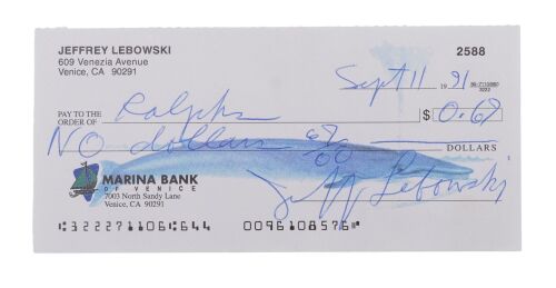 557. The Dude's (Jeff Bridges) Handwritten Check ### THE BIG LEBOWSKI (1998)
