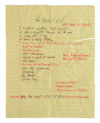 598. Edward Cole (Jack Nicholson) and Carter Chambers' (Morgan Freeman) Distressed Handwritten Bucket List Page ### THE BUCKET LIST (2007)