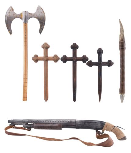 712. Charley Brewster's (Anton Yelchin) Set of Three Vampire Hunting Crosses with Peter Vincent's (David Tennant) Battle Ax, Stunt Shotgun, and Stunt Stake ### FRIGHT NIGHT (2011)