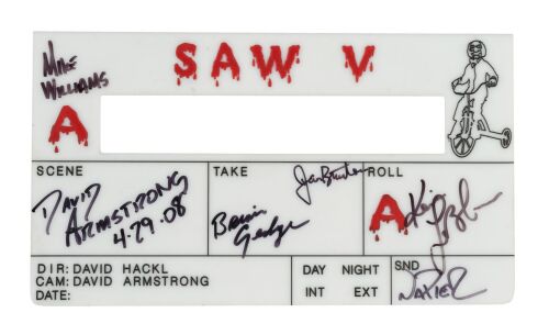 1075. David A. Armstrong Collection: Camera Crew-Autographed Digital "A" Camera Clapperboard Insert ### SAW V (2008)