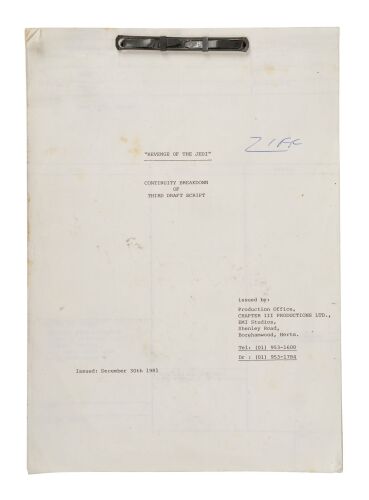 1185. Stuart Ziff Collection: Stuart Ziff's "Revenge of the Jedi" Bound Continuity Breakdown with Handwritten Annotations ### STAR WARS: REVENGE OF THE JEDI (1982)