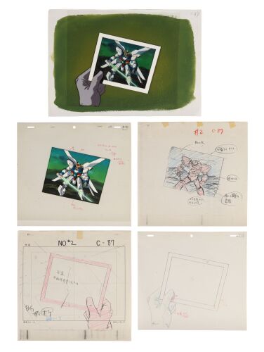 2009. After War Gundam X Photo Set Original Production Cel on Original Production Master Background and collection of Original Production Layout Drawings from 'As it Rains in the Streets' ### GUNDAM FRANCHISE (1979-PRESENT)
