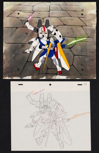 2013. Tallgeese Vs. Wing Gundam Original Production Cel and Original Production Master Background from 'Heero. Distracted by Defeat' (1995) ### MOBILE SUIT GUNDAM WING (ANIME T.V. SERIES, 1995-1996)