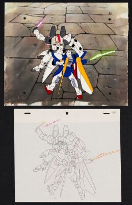 2013. Tallgeese Vs. Wing Gundam Original Production Cel and Original Production Master Background from 'Heero. Distracted by Defeat' (1995) ### MOBILE SUIT GUNDAM WING (ANIME T.V. SERIES, 1995-1996)