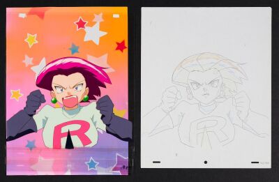 2018. Jessie Original Production Cel and and Production Background with Matching Original Production Drawing plus additional Tongue Cel from Pokemon Ep. 97: 'Tracey Gets Bugged' ### POK&Eacute;MON (T.V. SERIES, 1997-PRESENT)