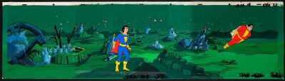 2033. Captain Marvel Jr. and Shazam (Captain Marvel) Original Production Cels on Master Pan Production Background ### DC ANIMATED UNIVERSE