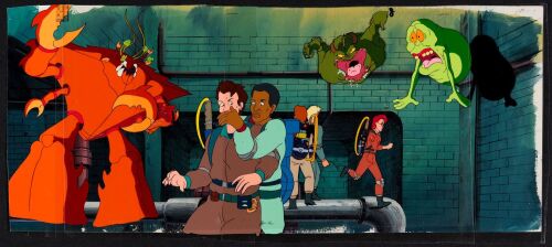 2050. Original Production Cel Setup featuring Dr. Peter Venkman, Dr. Egon Spengler, Dr. Ray Stantz, Winston Zeddemore, Janine, Slimer and Crab Ghost, on Key Master Hand-Painted Background ### THE REAL GHOSTBUSTERS (1986)