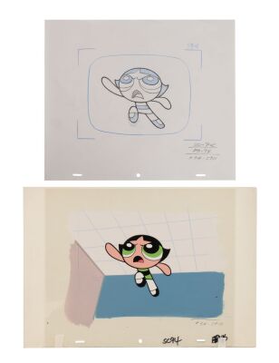 2156. Buttercup Original Production Cel on Key Master Production Backgrond and Original Camera Layout Drawing from 'Stuck Up, Up and Away' ### THE POWERPUFF GIRLS (T.V. SERIES, 1998-2005)