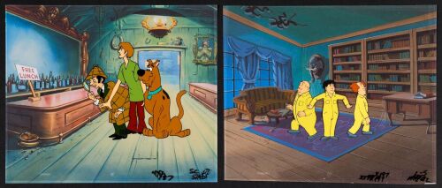 2188. Two Original Production Cel Setups from The New Scooby-Doo Movies: Scooby-Doo, Shaggy & Don Knotts, and The Three Stooges ### SCOOBY-DOO (T.V. SERIES, 1969-PRESENT)