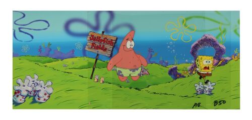 2200. Spongebob Squarepants and Patrick Star in Jellyfish Fields Original Production Cels on Fine Art Giclee Pan Background ### SPONGEBOB SQUAREPANTS (T.V. SERIES, 1999 - PRESENT)