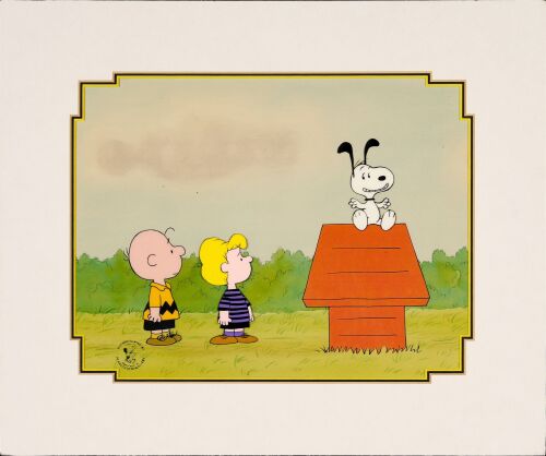 2213. Snoopy, Charlie Brown and Schroeder Original Production Cel with Matching Original Production Drawings, Matted. ### THIS IS AMERICA, CHARLIE BROWN (1989)