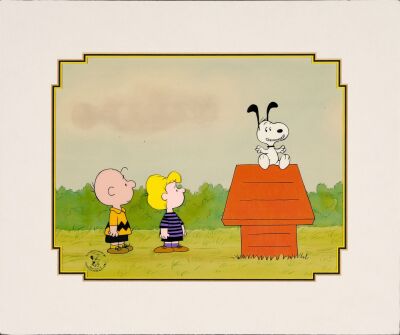2213. Snoopy, Charlie Brown and Schroeder Original Production Cel with Matching Original Production Drawings, Matted. ### THIS IS AMERICA, CHARLIE BROWN (1989)