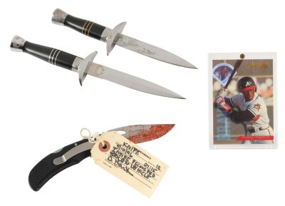 683. Mike Papac Collection: Gil Renard's (Robert De Niro) Pair of Metal Knives and Bobby Rayburn (Wesley Snipes) Baseball Card with Bloodied "Prototype" Evidence Knife ### THE FAN (1996)