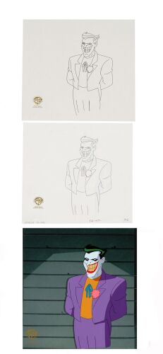 2026. Joker Original Production Cel on studio presentation background with matching Original Production Drawing and Archive Inkline "process" from "Harlequinade" ### BATMAN: THE ANIMATED SERIES (1992-1995)