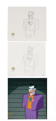 2026. Joker Original Production Cel on studio presentation background with matching Original Production Drawing and Archive Inkline "process" from "Harlequinade" ### BATMAN: THE ANIMATED SERIES (1992-1995)