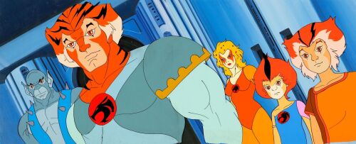 2048. Tygra, Panthro, Cheetara, WilyKat, WilyKit Original Production Cel Setup on Hand-Painted Key Master Background ### THUNDERCATS (T.V. SERIES, 1985 - 1989)