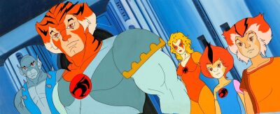 2048. Tygra, Panthro, Cheetara, WilyKat, WilyKit Original Production Cel Setup on Hand-Painted Key Master Background ### THUNDERCATS (T.V. SERIES, 1985 - 1989)