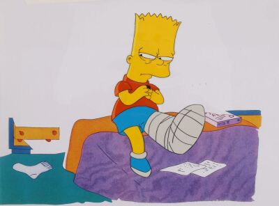 2075. Bart With A Broken Leg Original Production Cel from "Bart of Darkness" on Printed Presentation Background. ### THE SIMPSONS (T.V. SERIES, 1989-PRESENT)