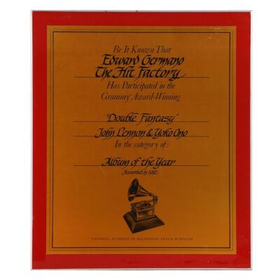 34. Double Fantasy Grammy Award Certificate Presented to Edward Germano of The Hit Factory, 1982 ### JOHN LENNON AND YOKO ONO