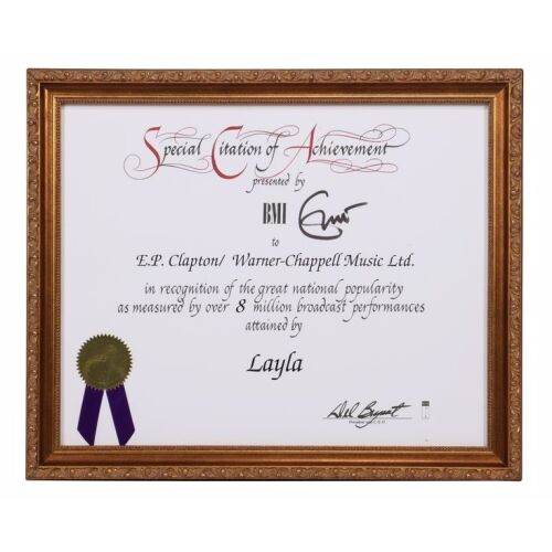 112. Eric Clapton-Autographed BMI Special Citation Of Achievement Award for "Layla" ### ERIC CLAPTON