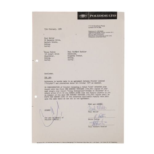 137. Paul Weller, Bruce Foxton and Rick Buckler Signed "Going Underground" Polydor Records Contract, 1980 ### THE JAM