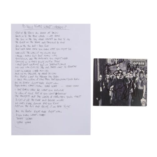 215. Noel Gallagher, Liam Gallagher, Paul "Bonehead" Arthurs, Paul "Guigsy" McGuigan, and Alan White-Autographed "D'You Know What I Mean?" CD and Noel Gallagher-Handwritten Lyric Sheet ### OASIS