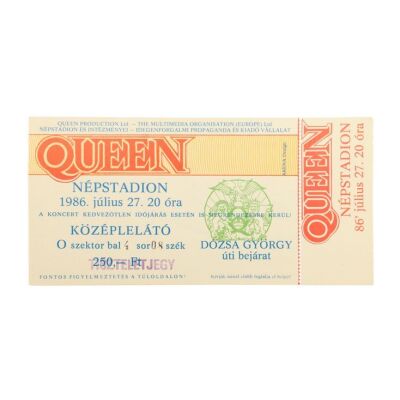 308. The Peter Hince Collection: Budapest Nepstadion Unused Concert Ticket, 1986 ### QUEEN